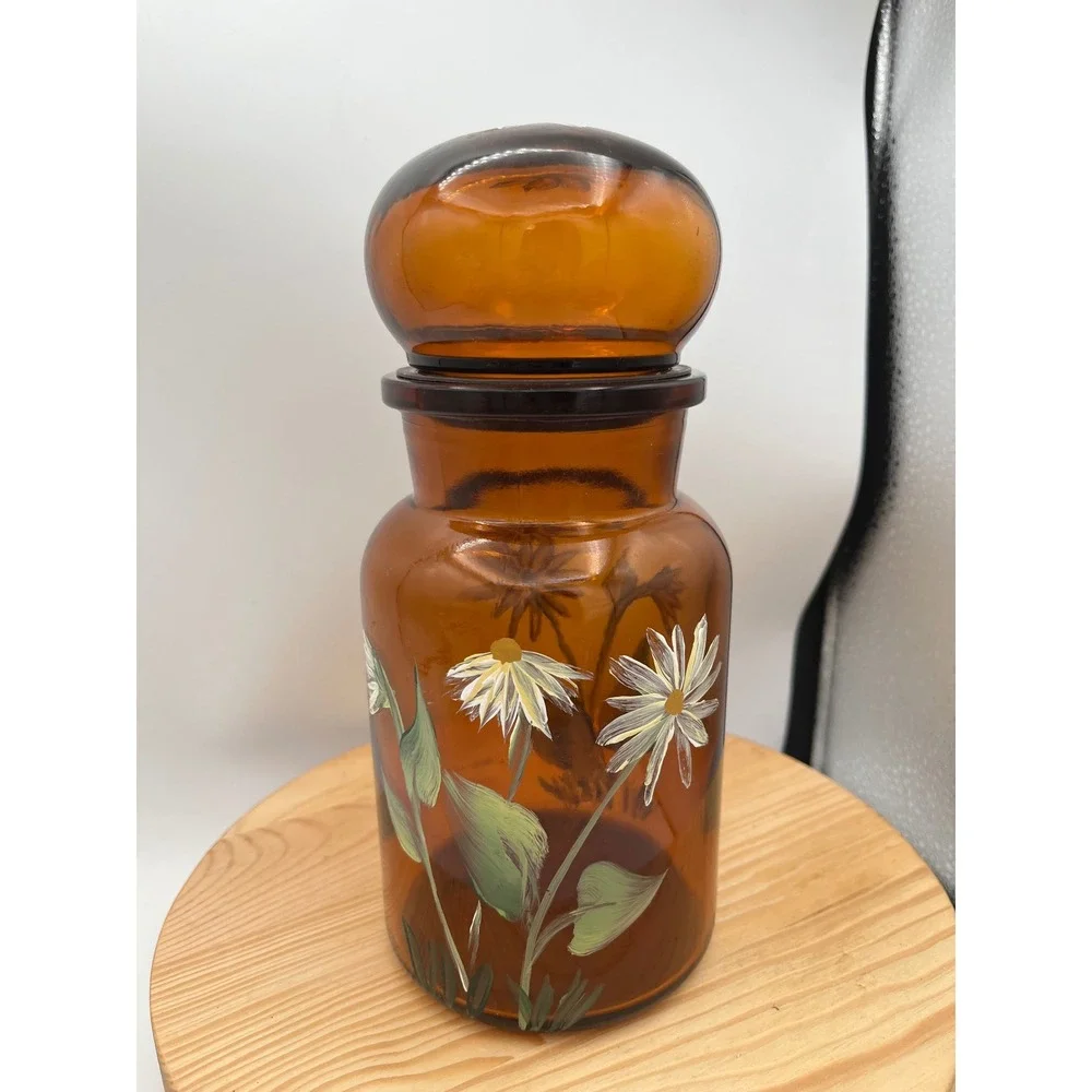 Vtg Belgian Amber Glass Jar Bubble Lid Hand Painted Daisy Storage Mid Century